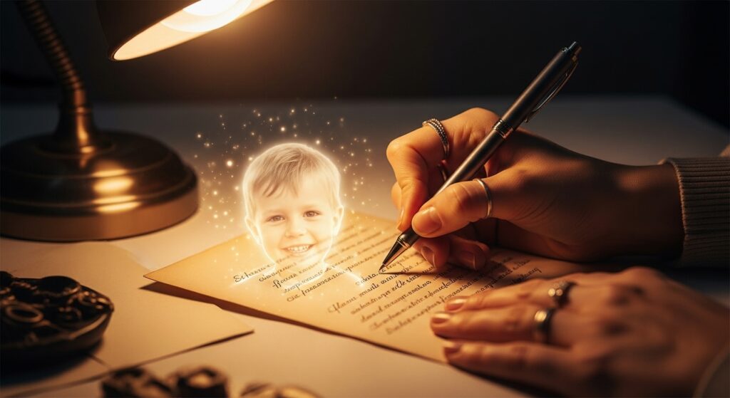 Manos de un adulto escribiendo una carta sanadora a su niño interior, cuya imagen sonriente aparece de forma tenue sobre el papel