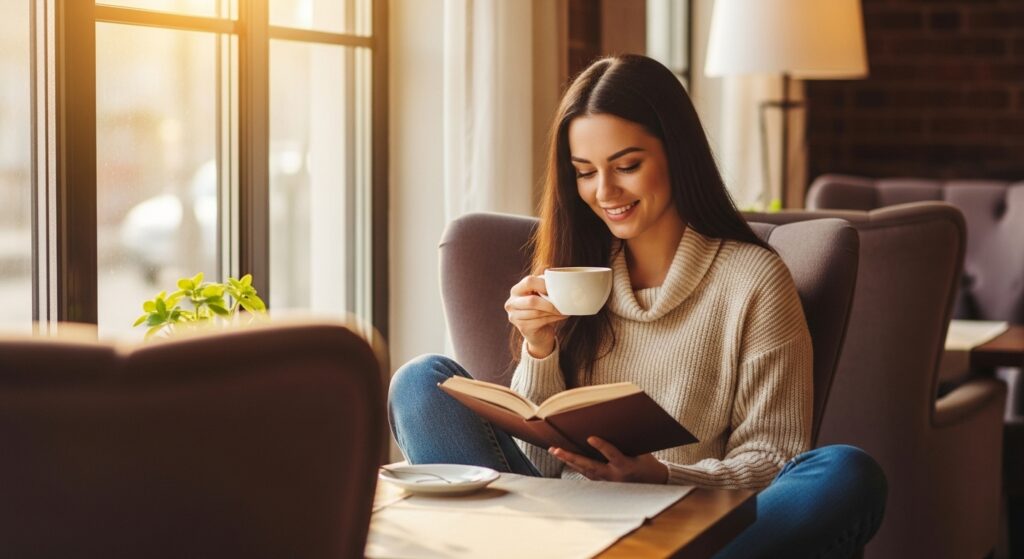 Una persona disfrutando de su propia compañía en una cafetería, bebiendo café y sonriendo mientras mira por la ventana, simbolizando una cita semanal consigo mismo y el placer de la soledad elegida.