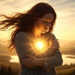 Una persona de pie bajo una suave luz dorada del amanecer, abrazándose fuertemente a sí misma con una expresión serena y reconfortante, simbolizando el amor propio y la autoaceptación.