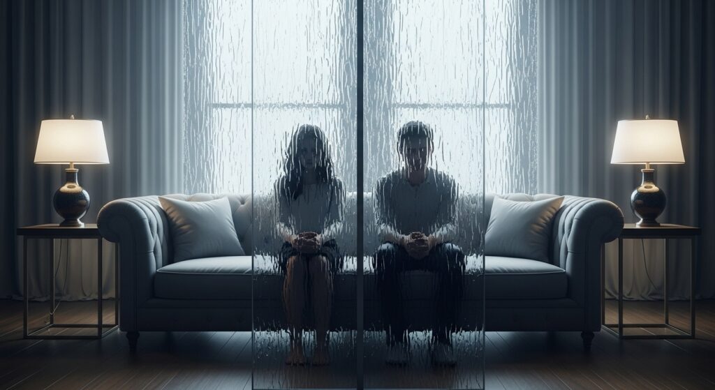 Una pareja sentada en un sofá, separada por un muro de cristal invisible que representa la distancia emocional y el autosabotaje en la intimidad.