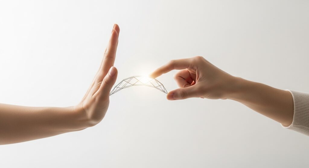 Una mano en un gesto suave de 'alto' mientras otra mano construye un puente de luz, simbolizando la comunicación de un límite de forma compasiva y respetuosa.