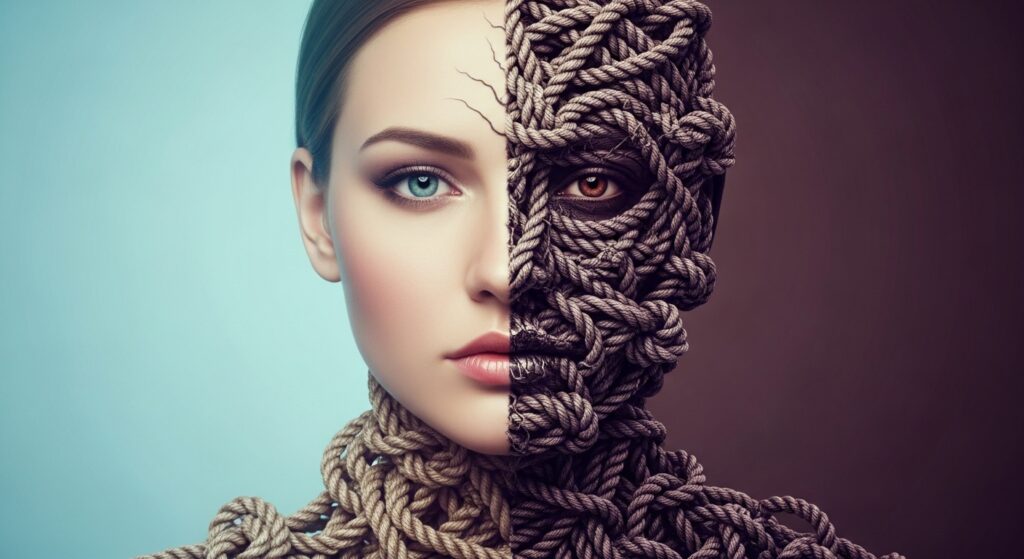Retrato conceptual de un rostro de mujer dividido, con una mitad serena y la otra mitad hecha de cuerdas anudadas, representando el conflicto interno de la culpa al poner límites.