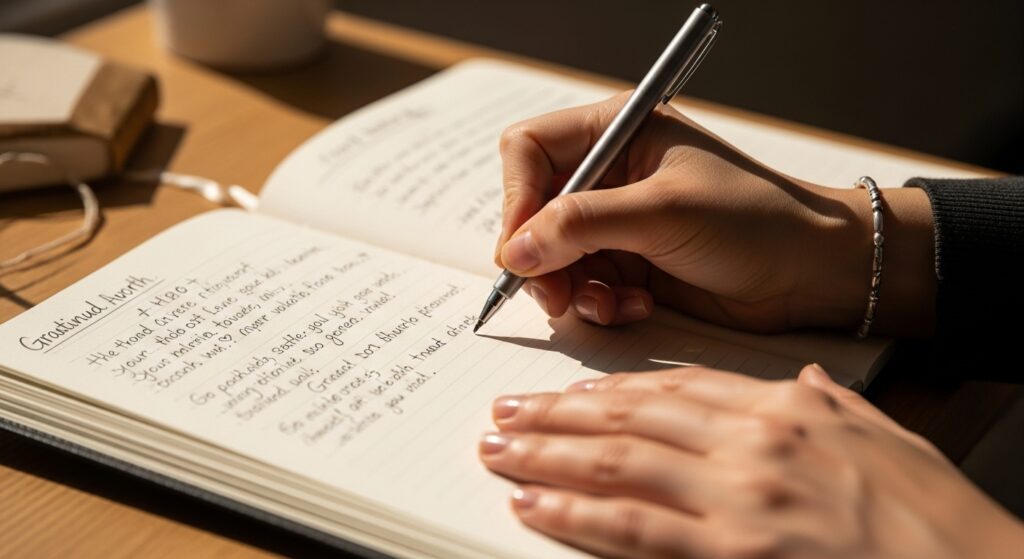 Primer plano de unas manos escribiendo afirmaciones positivas y logros en un diario abierto, representando la práctica de llevar un registro de las victorias para fortalecer el amor propio.